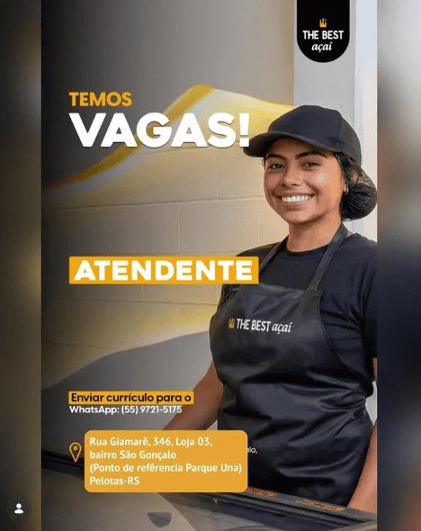 Oportunidade de emprego para atendente no The Best Açaí em Pelotas RS.