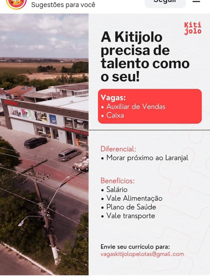 Anúncio de vaga para Auxiliar de Vendas e Caixa na empresa Kitijolo em Laranjal