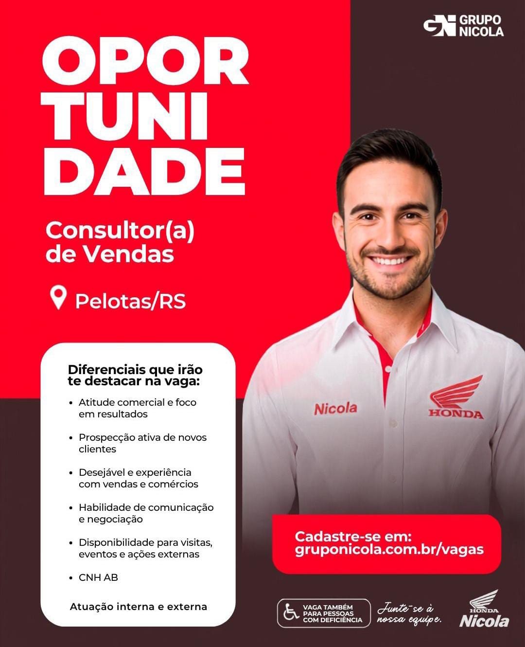Anúncio de vaga para Consultor de Vendas no Grupo Nicola em Pelotas