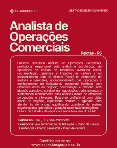 Anúncio de vaga para Analista de Operações Comerciais em Pelotas
