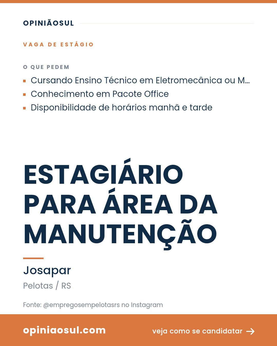 Imagem ilustrativa de vaga para estágio em manutenção na Josapar em Pelotas