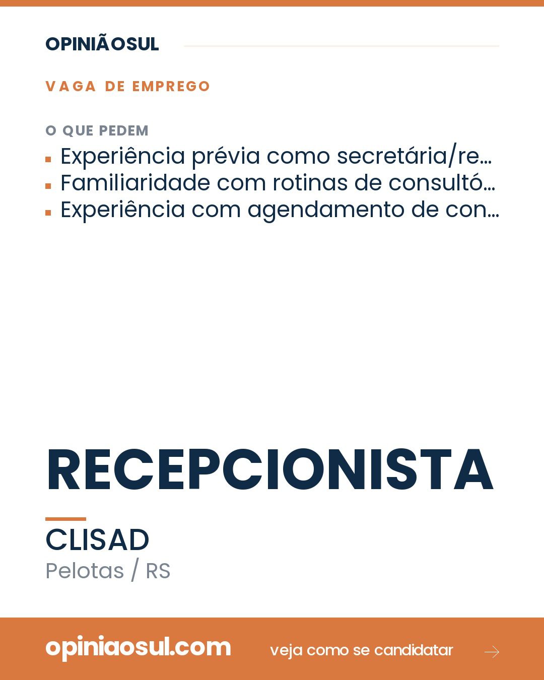 Recepcionista atendendo em clínica médica na cidade de Pelotas