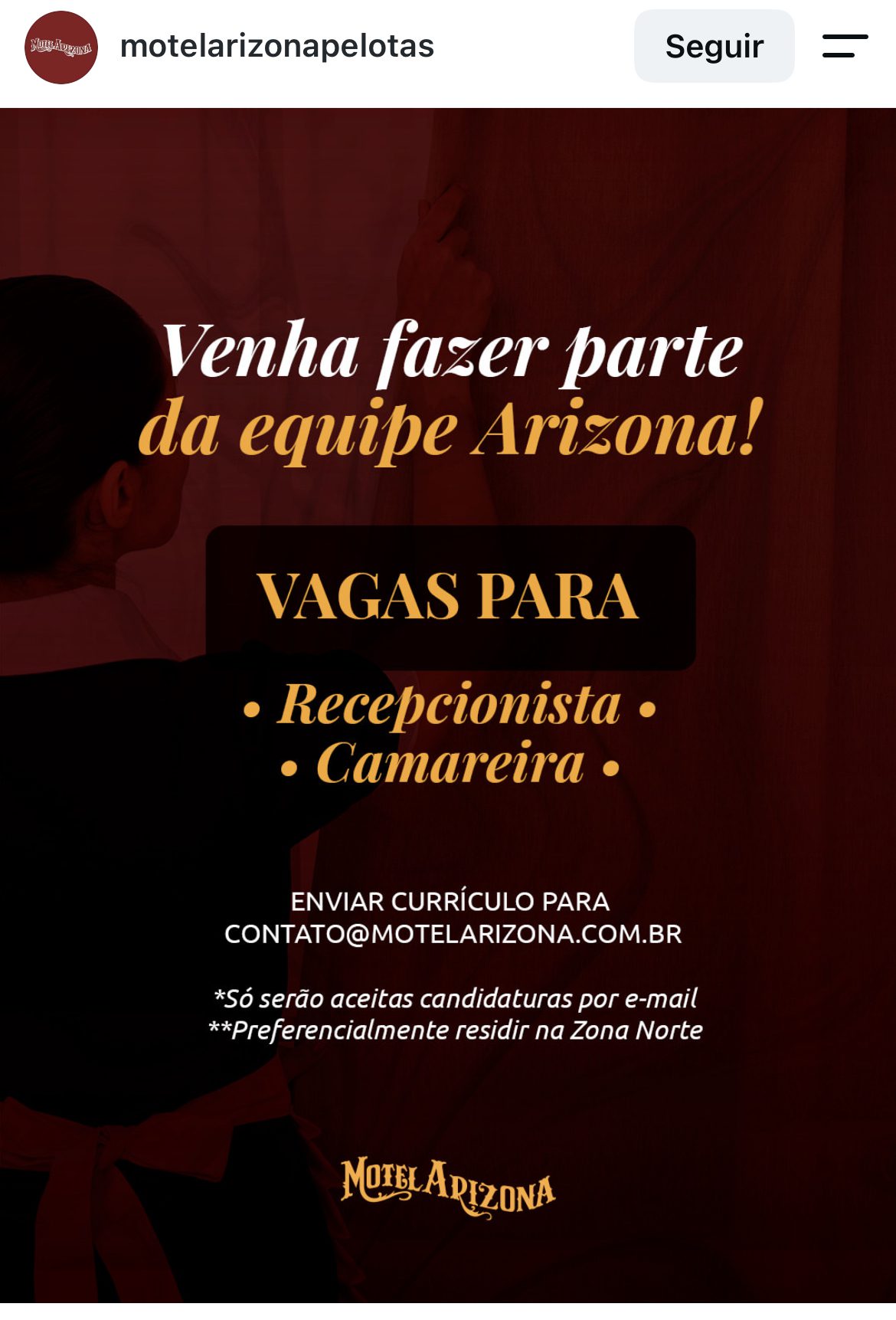 Vaga de emprego para recepcionista e camareira no Motel Arizona em Pelotas