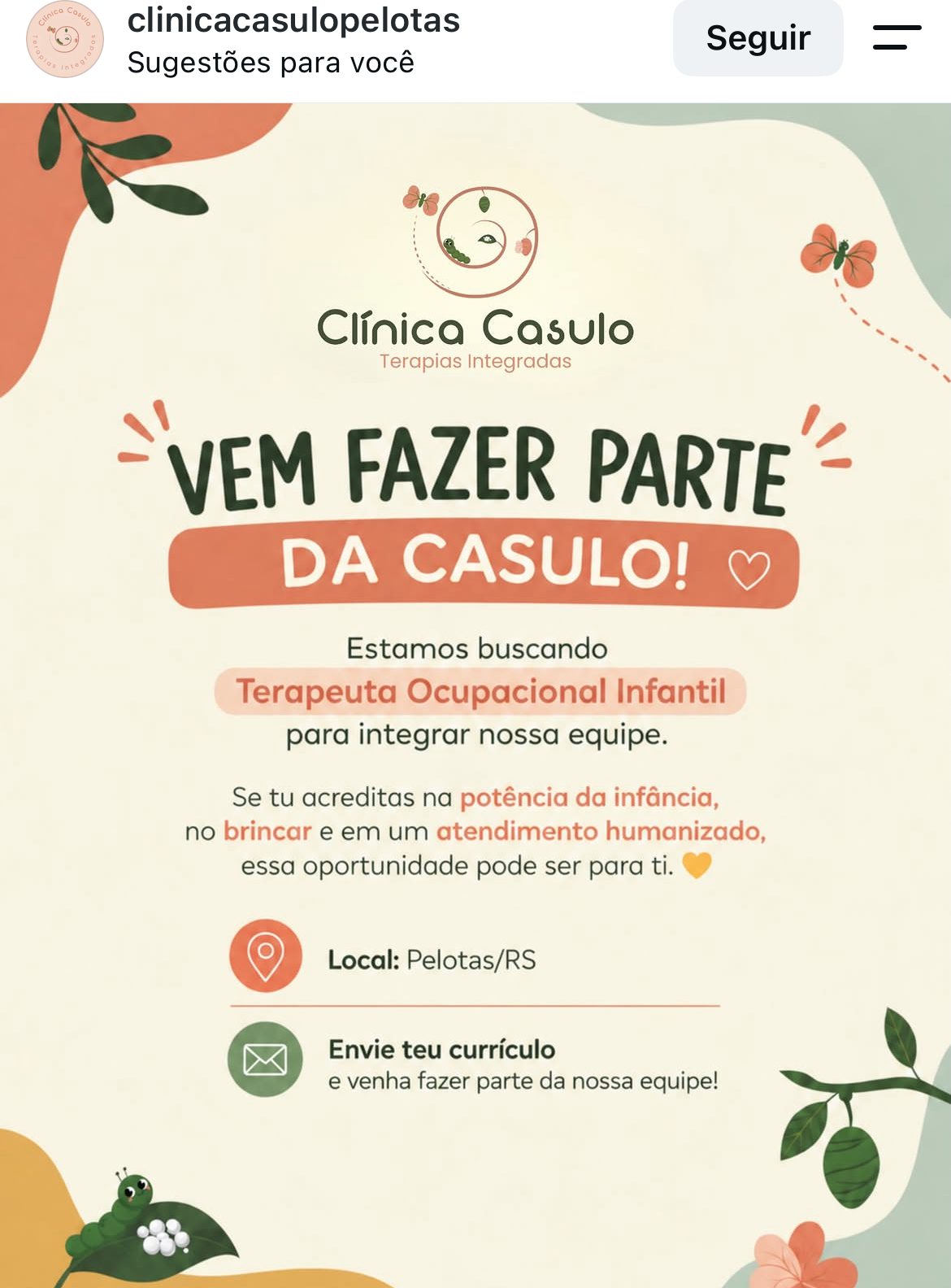 Anúncio de vaga para Terapeuta Ocupacional Infantil na Clínica Casulo em Pelotas
