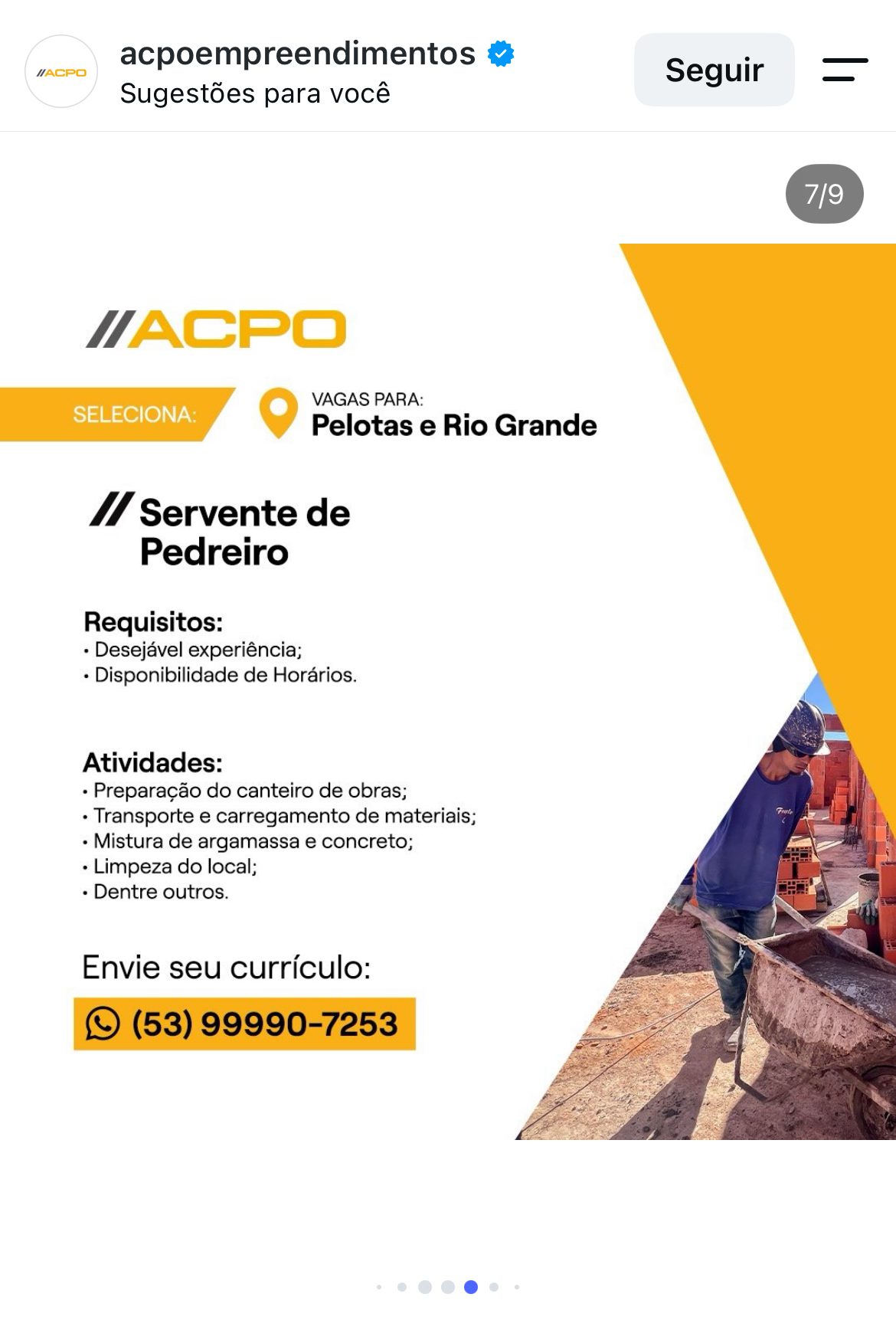 Vaga de emprego para Servente de Pedreiro na empresa ACPO em Pelotas e Rio Grande.