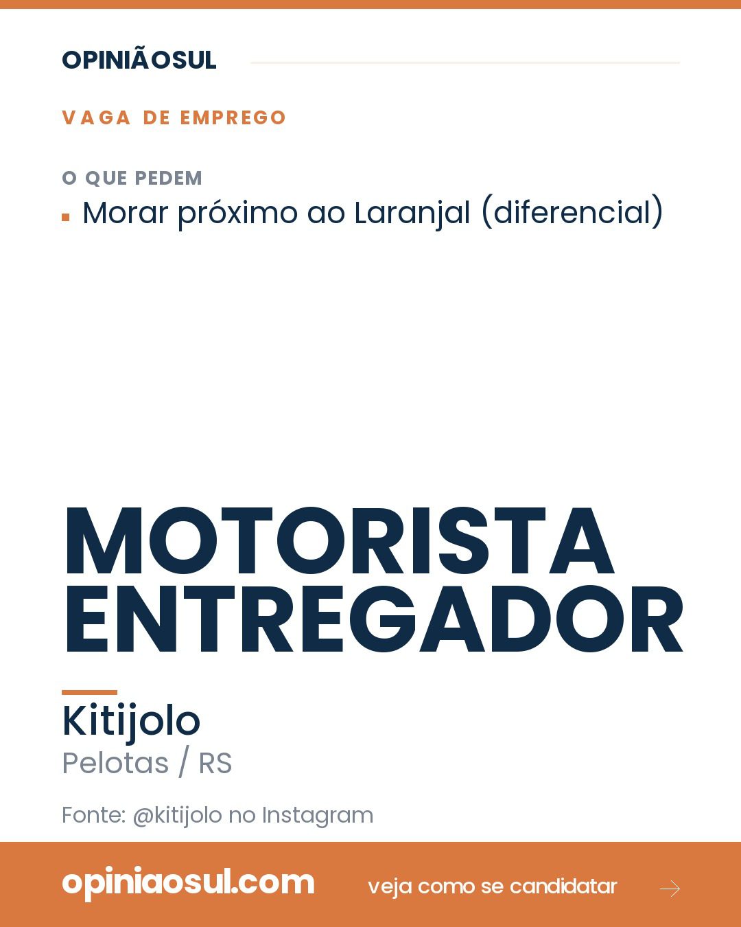 Anúncio de vaga para Motorista Entregador na empresa Kitijolo em Pelotas