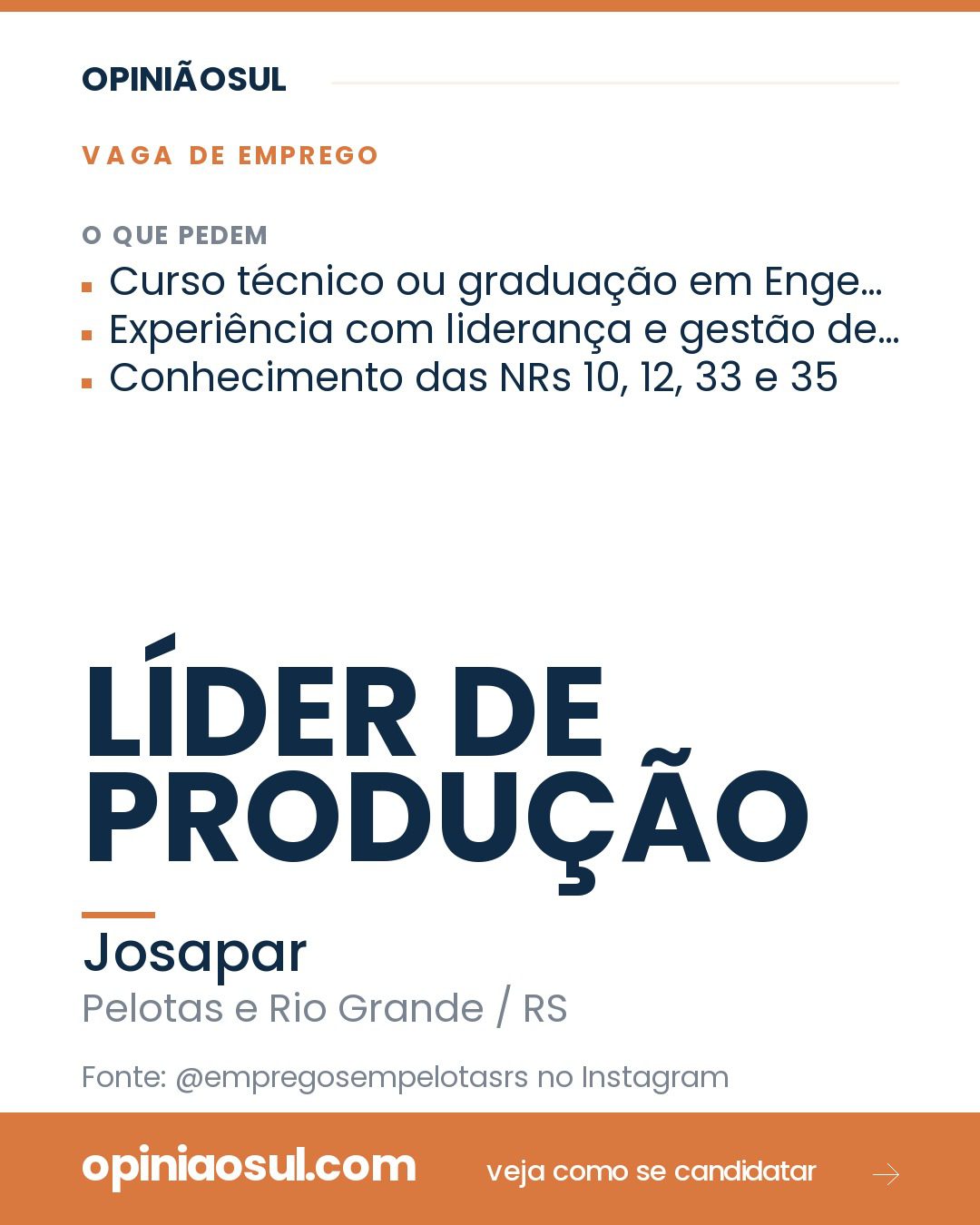 Logotipo da empresa Josapar com texto sobre vaga de Líder de Produção em Pelotas