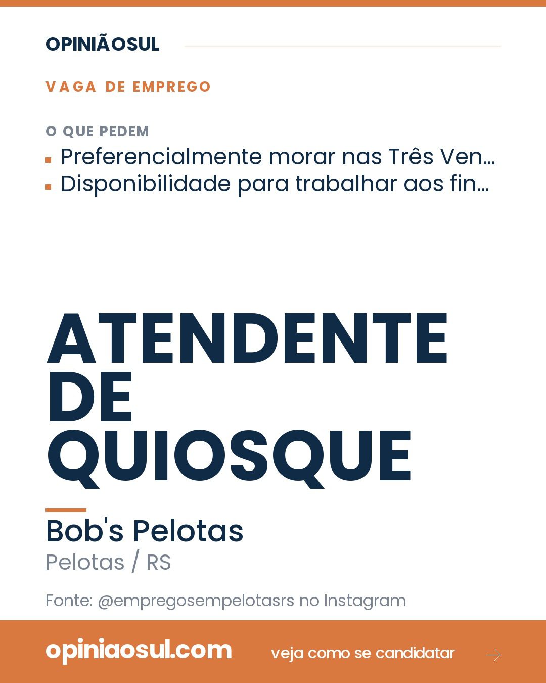 Logotipo do Bob's em anúncio de vaga para Atendente de Quiosque em Pelotas